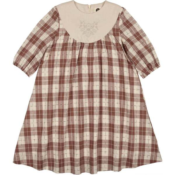 Embroidered Windowpane Long Sleeve Dress, Brown | Maisonette