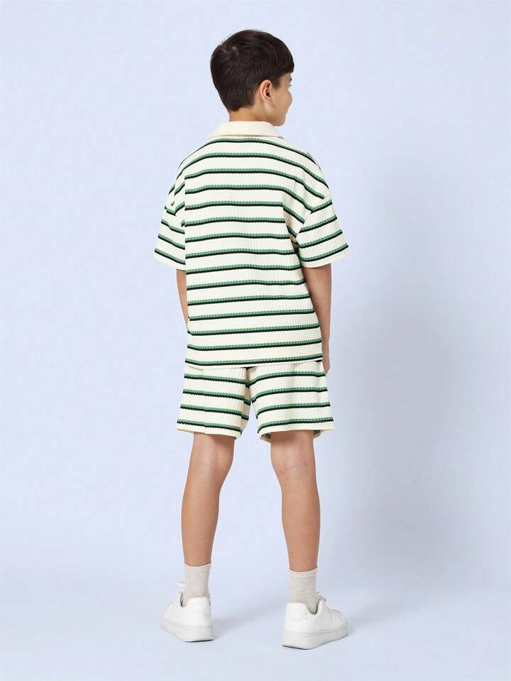 SUMWON Summer Resort Beach Co-Ord Set Textured Striped Polo Short Sleeve Matching Shorts Athletic... | SHEIN