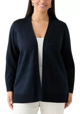 cable & gauge Women's Plus Size Long Sleeve Pointelle Striped Cardigan, Navy Blue, 3XL | Belk