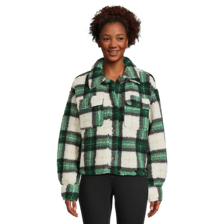 No Boundaries Juniors Plaid Faux Sherpa Shacket, Sizes XS-XXXL | Walmart (US)