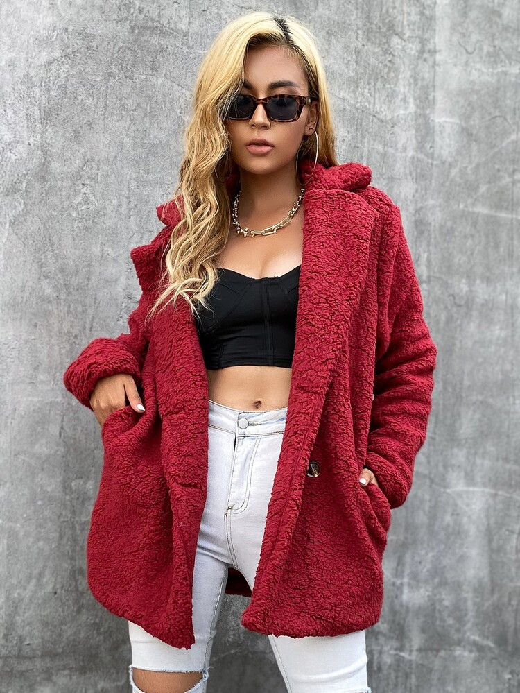 Eilly Bazar Double Button Teddy Coat | SHEIN