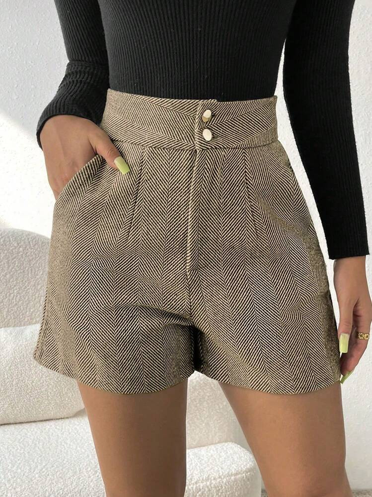 Aalyst Button Fly Herringbone Print Slant Pocket Shorts | SHEIN