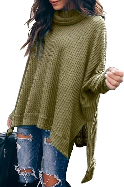 Women Turtleneck Oversized Waffle Knit Batwing Sleeve Loose High Low Hem Side Slit Pullover Sweat... | Amazon (US)
