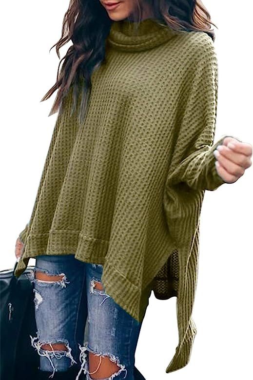 Women Turtleneck Oversized Waffle Knit Batwing Sleeve Loose High Low Hem Side Slit Pullover Sweat... | Amazon (US)