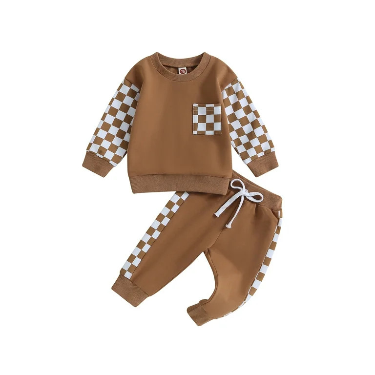 Toddler Baby Boy Fall Outfit Checkerboard Patchwork Long Sleeve Sweatshirts Tops Elastic Waist Pa... | Walmart (US)