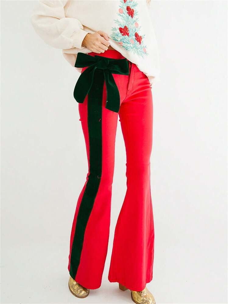 Womens Y2K Christmas Flare Pants Mid Waist Bow Front Flare Pants Bell-Bottoms Trousers | SHEIN