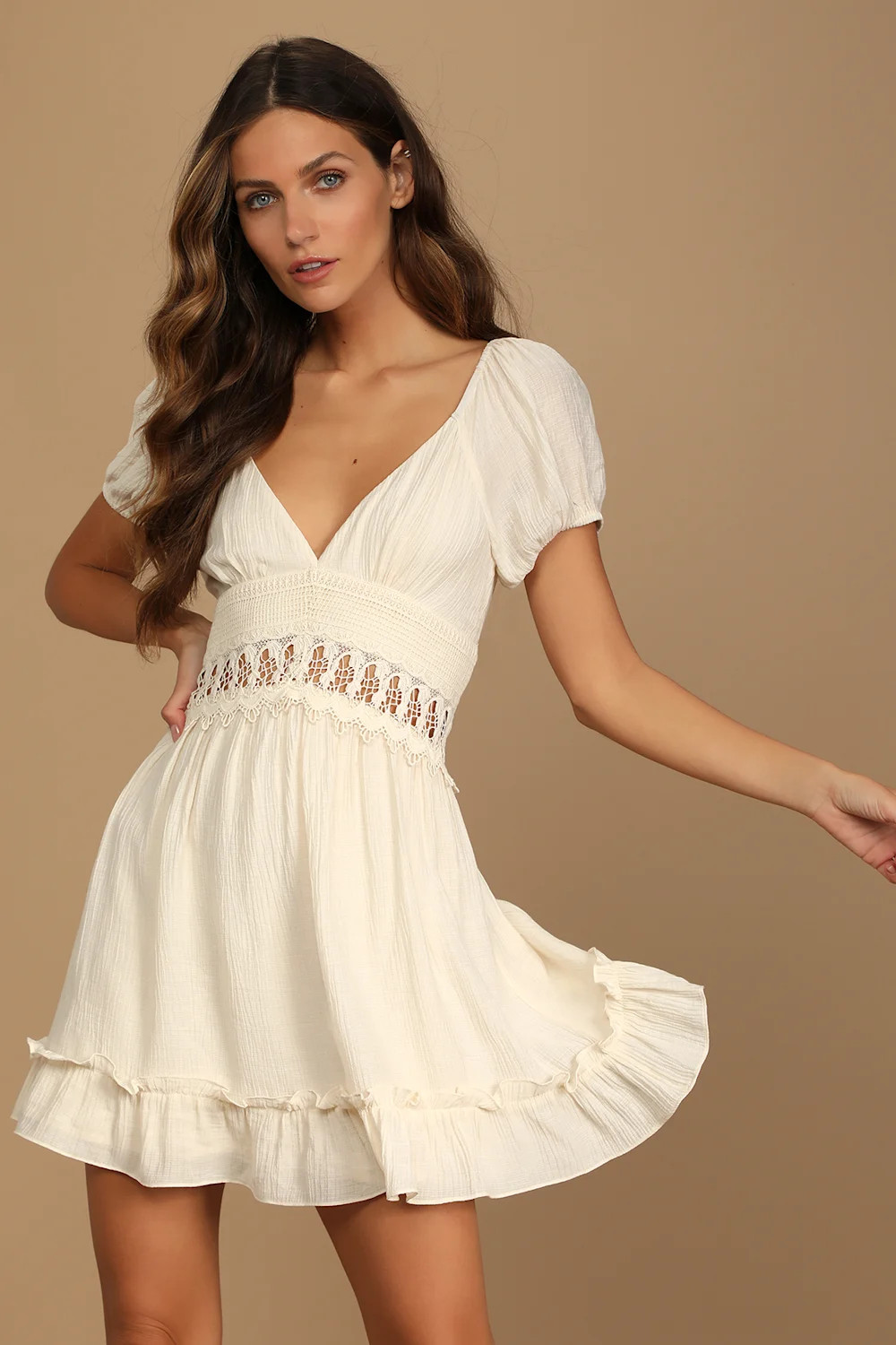 Better With You Cream Lace Puff Sleeve Mini Dress | Lulus (US)