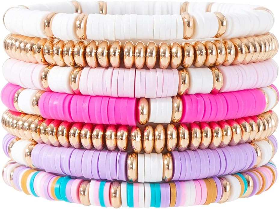 Pychee Surfer Heishi Bracelets Set for Women Stackable Gold Clay Ploymer Bead Stretch Bracelets S... | Amazon (US)