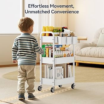 YASONIC Metal 3 Tier Rolling Cart - Heavy Duty Utility Cart with Lockable Wheels, Hanging Cups, H... | Amazon (US)