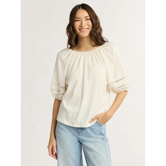 Time and Tru Women's Lace Trim Top with Puff Sleeves, Sizes XS-XXXL - Walmart.com | Walmart (US)