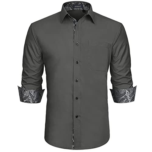HISDERN Grey Dress Shirts for Men Casual Button Down Shirt Long Sleeve Cotton Formal Shirts Inner Contrast Tuxedo Shirt Part Paisley | Amazon (US)