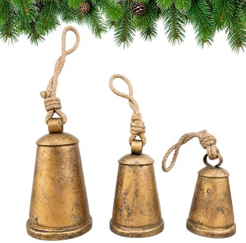 Brass Rustic Christmas Bell Metal Christmas Hanging Bells Vintage Decor with Jute Hanging Rope,De... | Amazon (US)