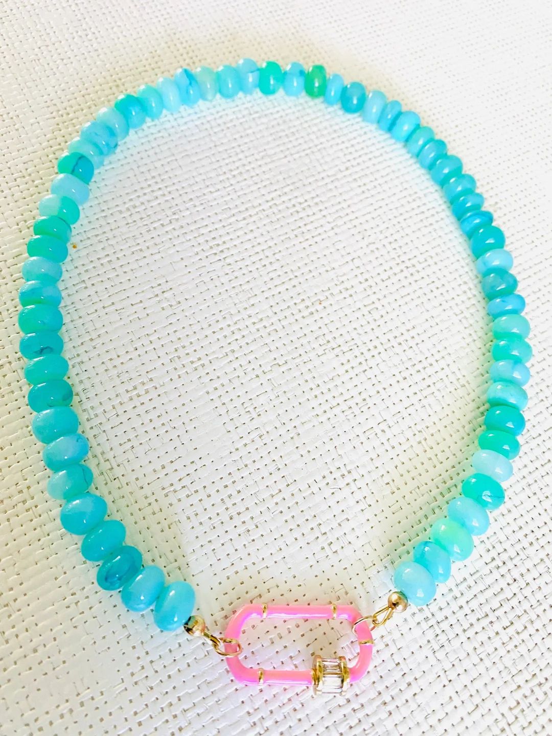 Bright Aqua Blue Smooth Rondelle Opal Necklace with a Pink and Gold Carabiner Clasp | Etsy (US)