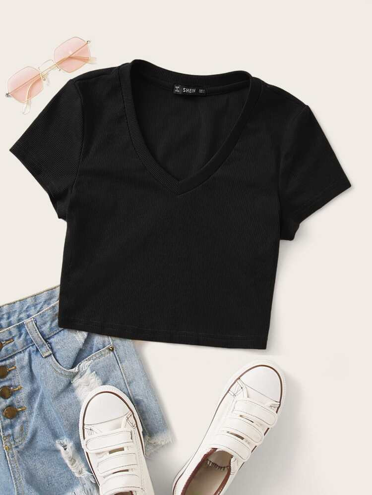 SHEIN V Neck Cap Sleeve Crop Tee | SHEIN