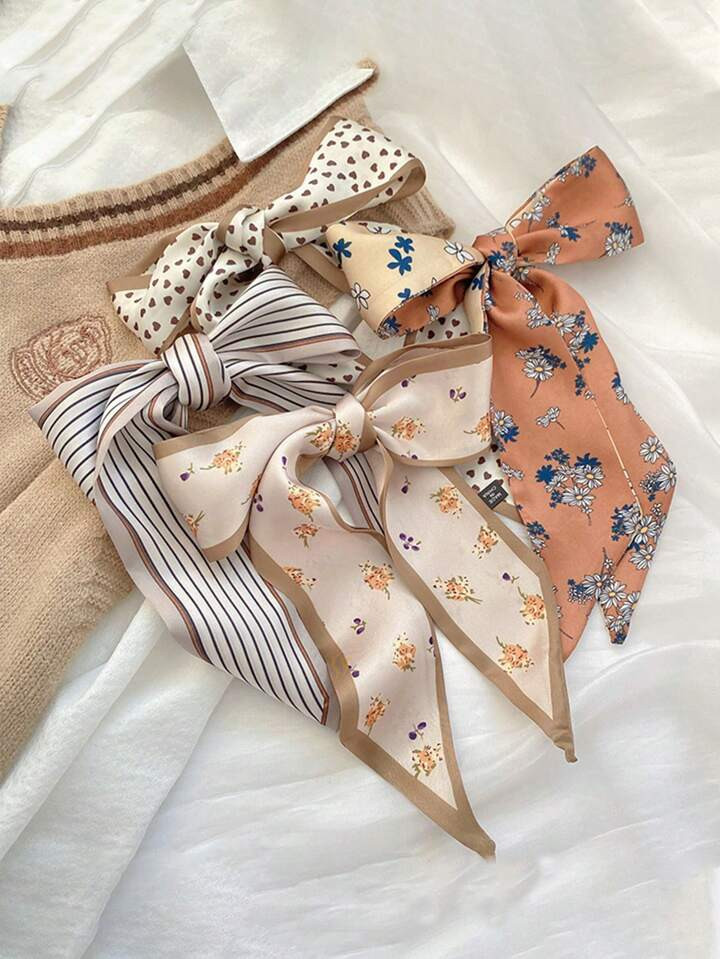 4pcs/Set Women's French Style Vintage Floral Striped Printed Scarf Hairband, For Casual, Elegant,... | SHEIN