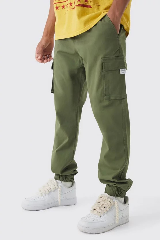Slim Fit Elasticated Waist Woven Tab Cuffed Cargo Pants | boohooMAN (US & Canada)