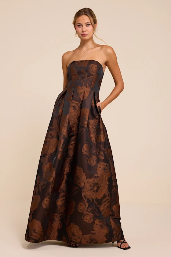 Laurelin Brown Floral Jacquard Pleated Strapless Maxi Dress | Lulus