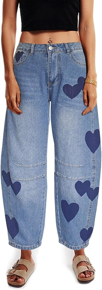 Barrel Jeans for Women Mid Rise Heart Printed Denim Ankle Pants Vintage Baggy Boyfriend Jeans | Amazon (US)