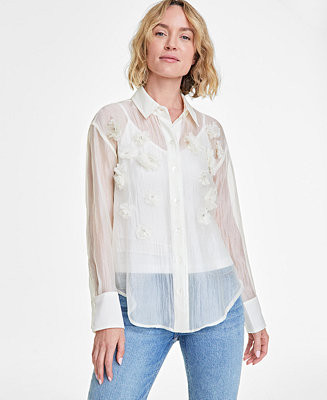 Women's 3D Floral Relaxed Organza Shirt, Created for Macy's | Macy's