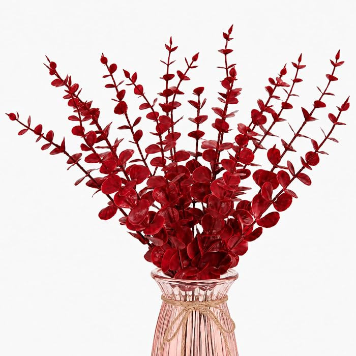 18 Pcs Artificial Eucalyptus Stems Red Leaves Fake Greenery Branches Faux Flowers Bouquet for Hom... | Amazon (US)