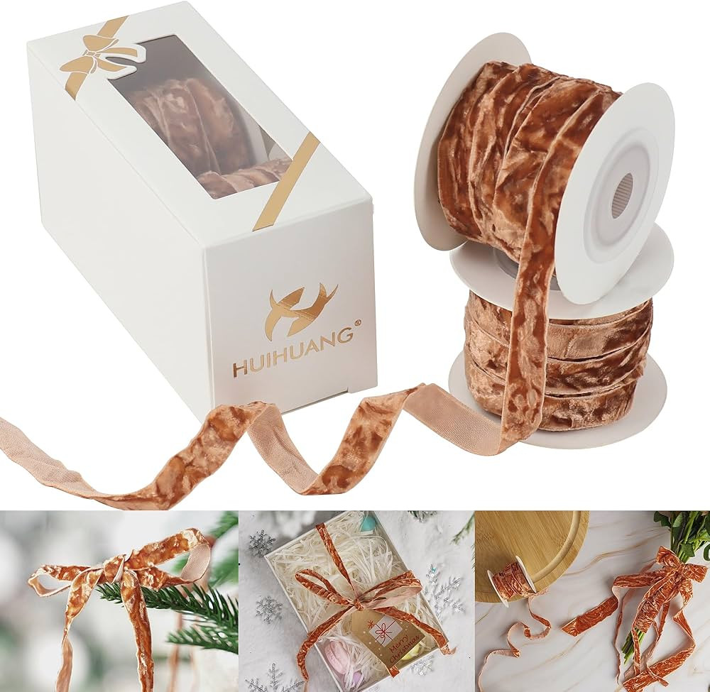 HUIHUANG Cinnamon Velvet Ribbon 3/8" Crushed Velvet Ribbon for Christmas Tree Ornaments, Gift Wra... | Amazon (US)