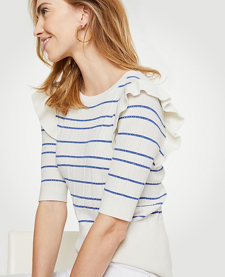 Stripe Ruffle Shoulder Sweater | Ann Taylor (US)