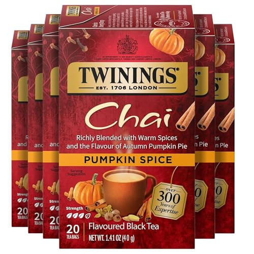 Twinings Pumpkin Spice Chai Black Tea Individually Wrapped Bags, 20 Count (Pack of 6), Warm, Spicy & Aromatic, Caffeinated, Enjoy Hot or Iced, 120 Teabags | Amazon (US)