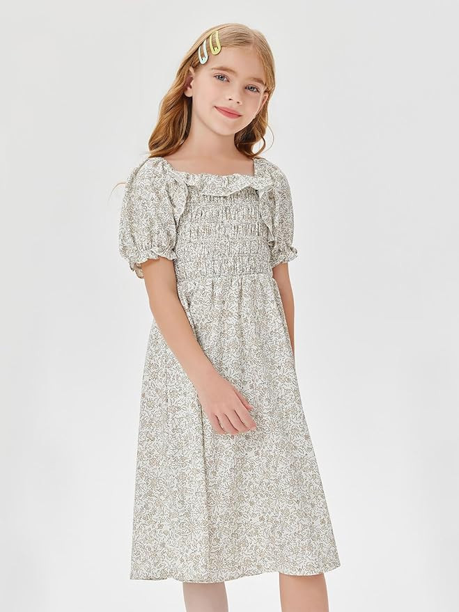 Girls Summer Puff Short Sleeve Square Neck Floral Boho Party Midi Dress 5-14 Years | Amazon (US)