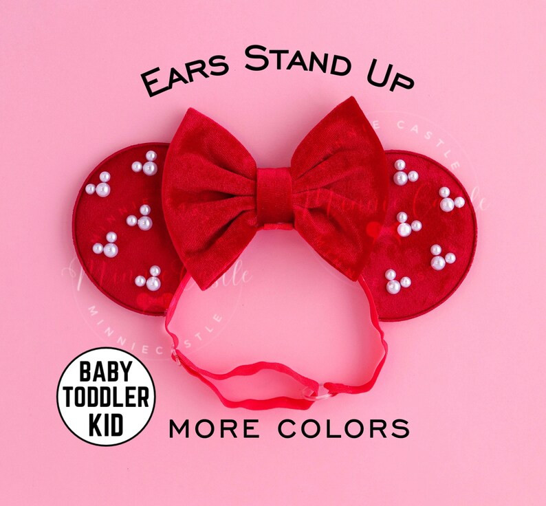 Mickey Pearl Ears, Mickey Ears Elastic Headband, Baby Toddler Mickey Ears, Red Velvet Bow Minnie ... | Etsy (US)