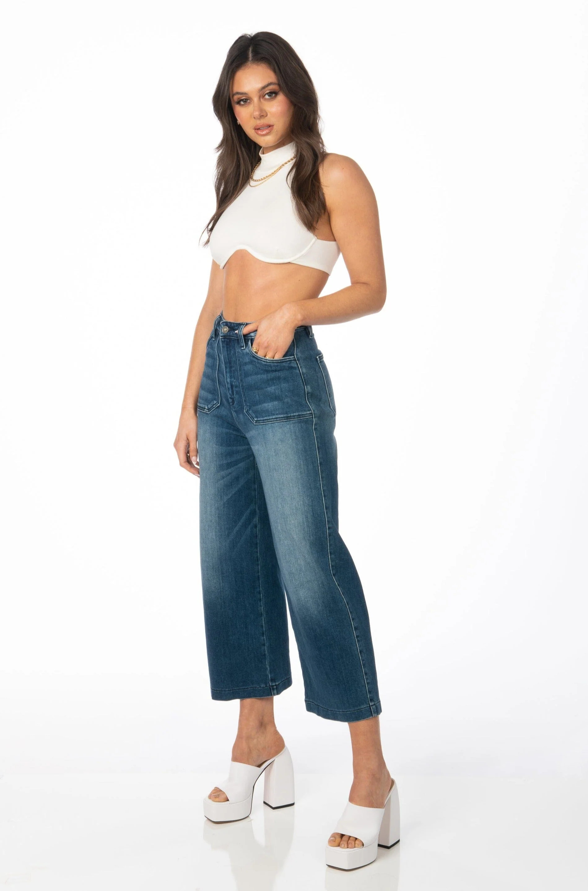 Kancan Denim High Rise Dark Wash Wide Leg Cropped Jeans | Hypeach Boutique