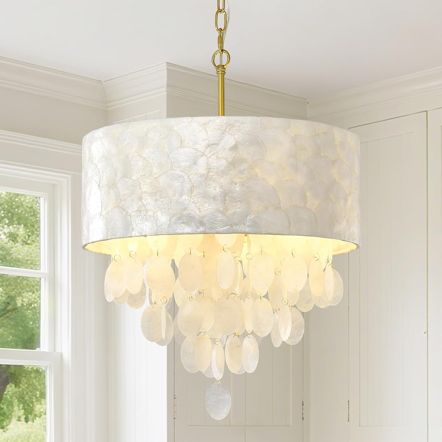 17.7inch Drum Capiz Shell Chandelier, White Coastal Pendant Ceiling Light Fixture for Dining Room... | Amazon (US)