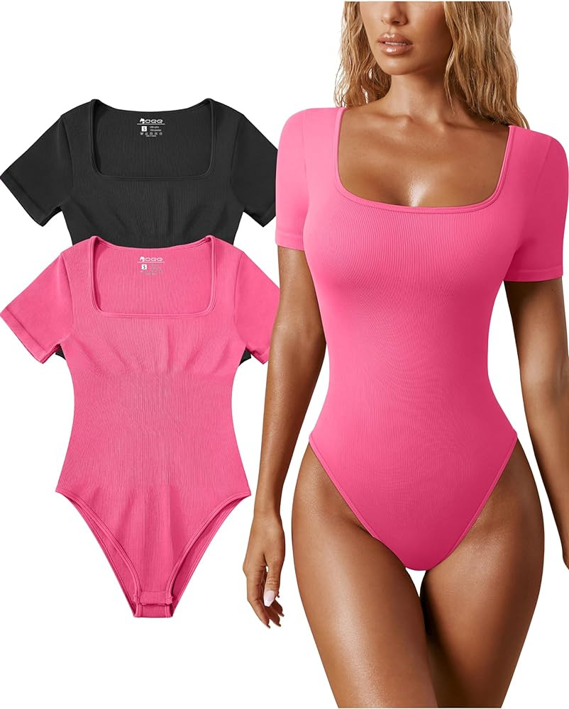 OQQ Women's 2 Piece Bodysuits Sexy Ribbed One Piece Square Neck Short Sleeve Bodysuits | Amazon (US)