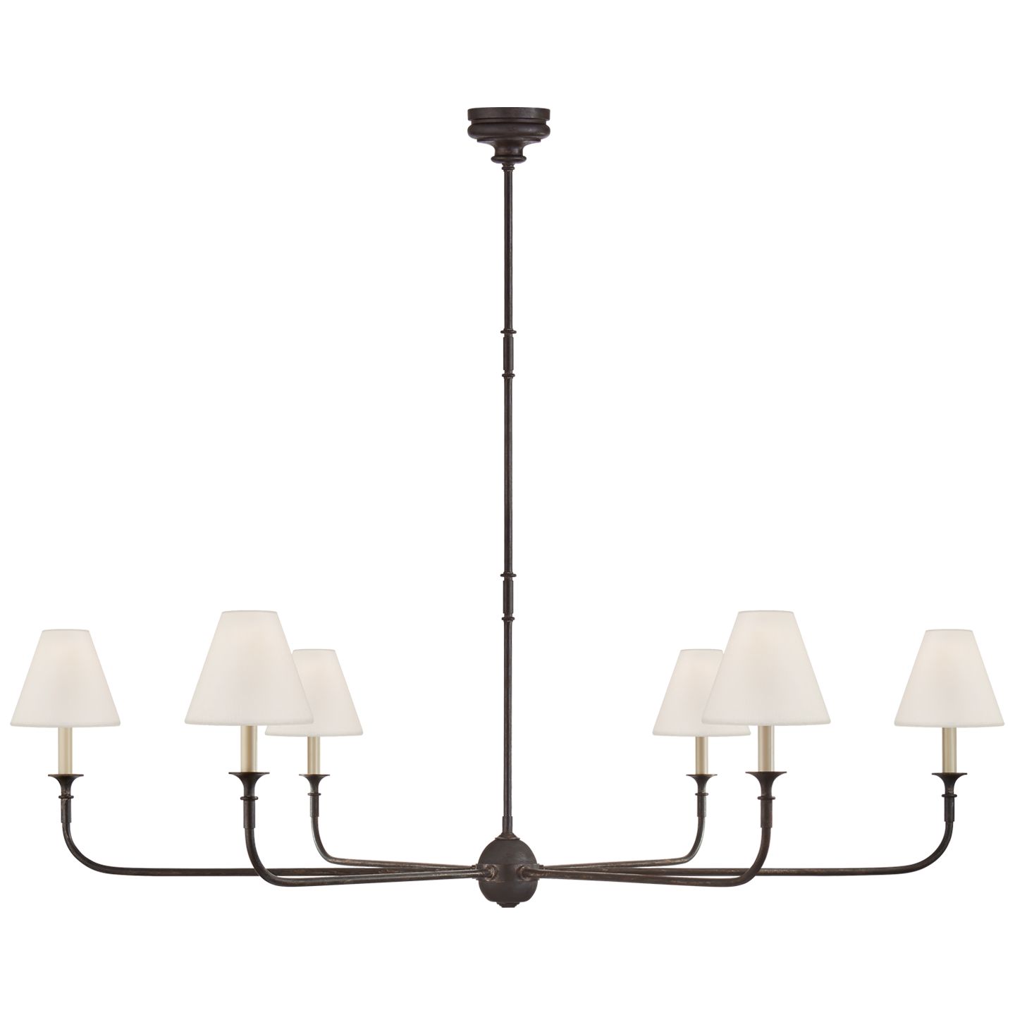 Piaf Grande Chandelier in Aged Iron and Ebonized Oak with Linen Shades | Visual Comfort