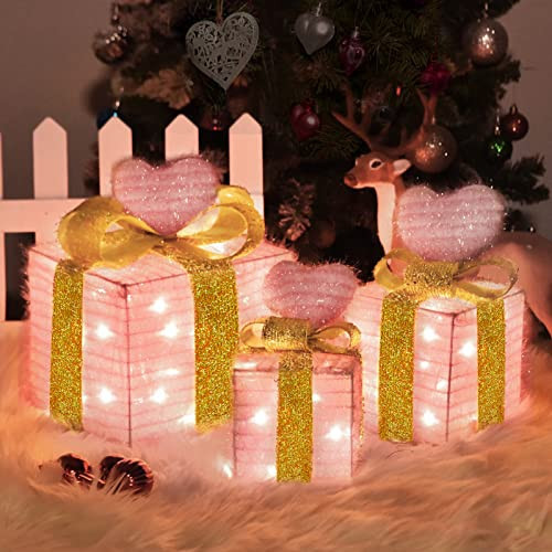 Pink Christmas Decor Light up Gift Boxes with Heart, Light up Xmas Boxes with Battery Operated for Wedding Christmas Valentine's Day Decorations Indoor and Outdoor (3 Pack) (Pink Heart) | Amazon (US)