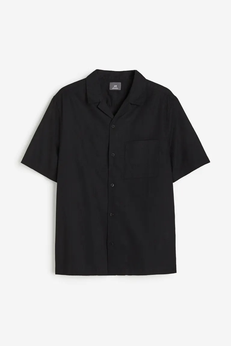 Regular Fit Linen-blend Shirt - Short sleeve - Regular length - Black - Men | H&M US | H&M (US + CA)
