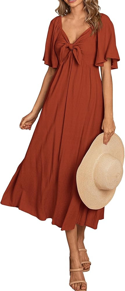 PRETTYGARDEN Womens 2024 Casual Short Sleeve Bow Tie V Neck Ruffle Midi Flowy Dresses | Amazon (US)