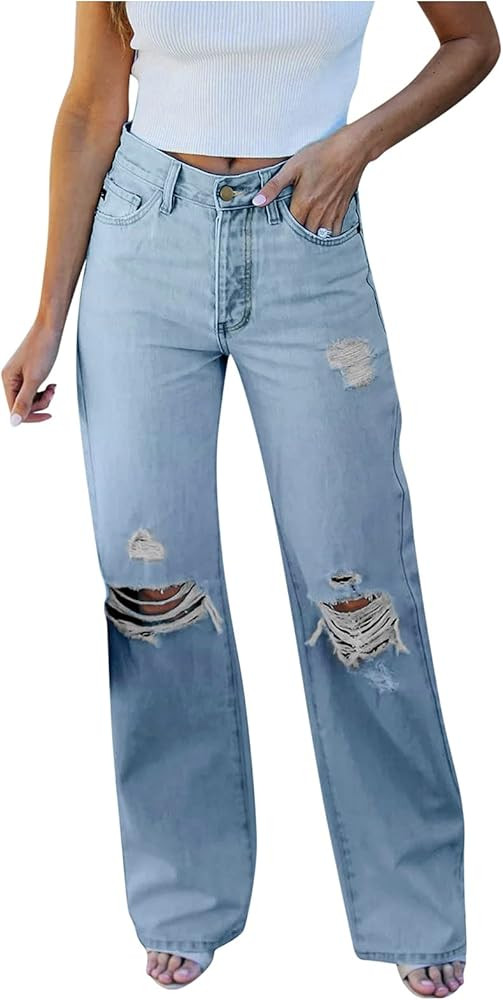 zhushuGG Pants Waist Women Jeans High Flare Denim Distressed Hole Ripped Women's Jeans | Amazon (FR)