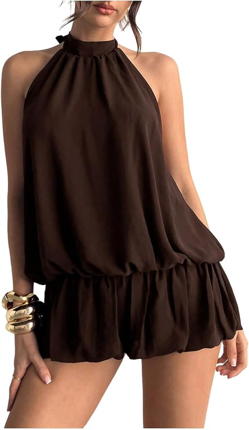 Floerns Women's Y2k Summer Halter Dress Tie Open Back Sleeveless Ruffle Hem Bubble Going Out Mini... | Amazon (US)