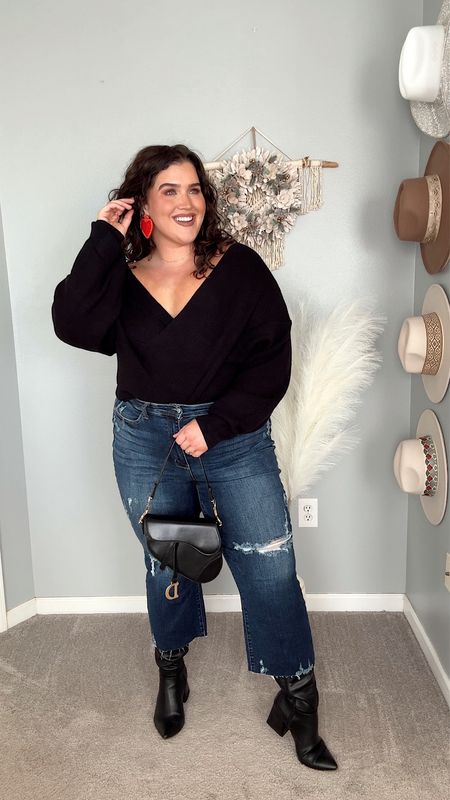 Curvy casual Valentine’s Day outfit that’s not a dress. Black sweater, curvy denim, wide calf boots with V-day accessories 💘🎀💖 Sweater size XL, jeans size 34 plus. #ootd 

#LTKplussize #LTKSeasonal #LTKstyletip
