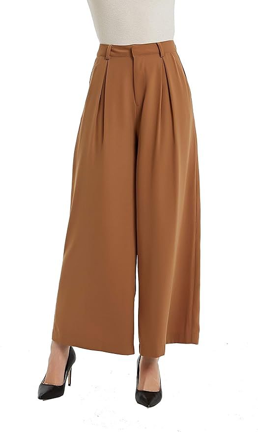 Tronjori Women High Waist Casual Wide Leg Long Palazzo Pants Trousers Regular Size | Amazon (US)