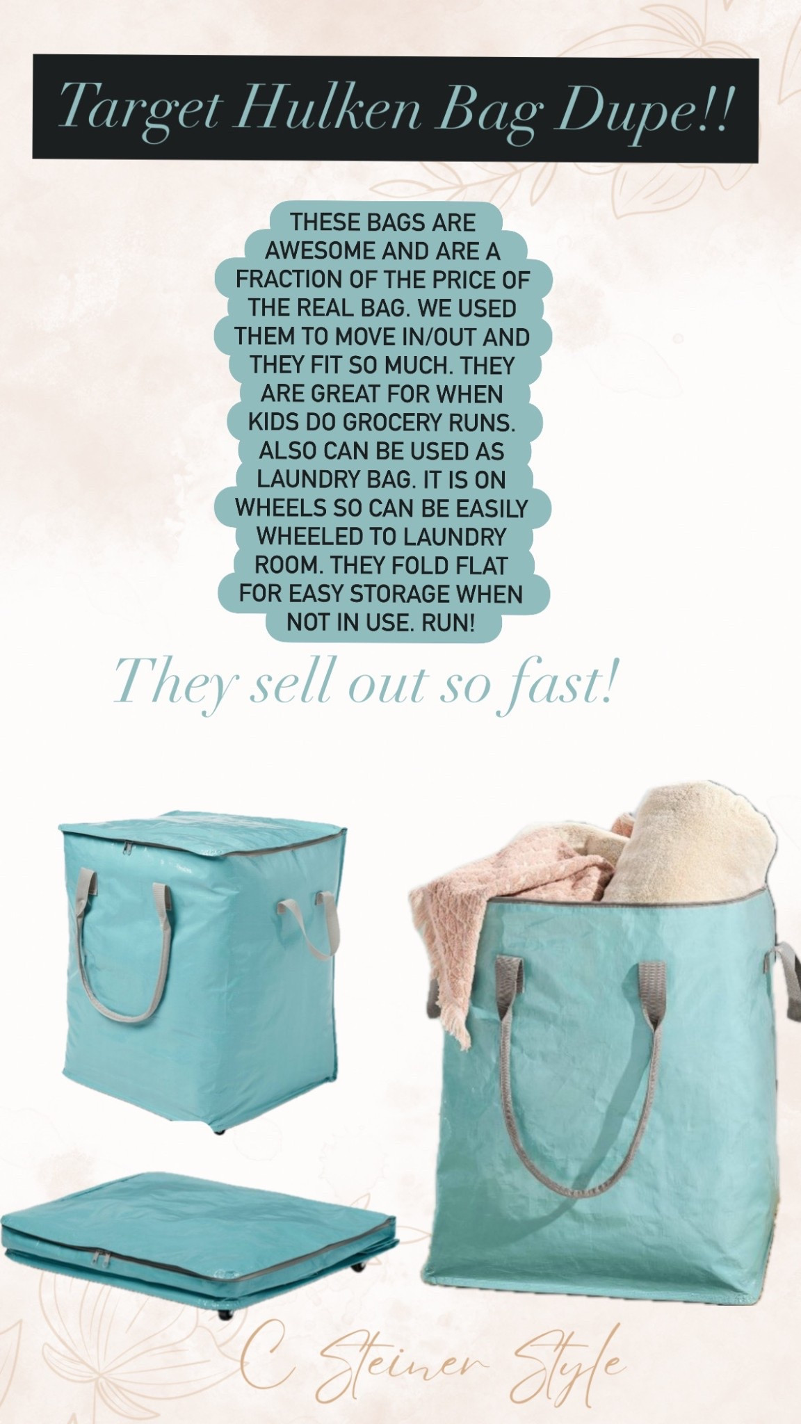 Storage bag on wheels. THESE BAGS ARE AWESOME AND ARE A FRACTION OF THE PRICE OF THE REAL BAG. WE USED THEM TO MOVE IN/OUT AND THEY FIT SO MUCH. THEY ARE GREAT FOR WHEN KIDS DO GROCERY RUNS. ALSO CAN BE USED AS LAUNDRY BAG. IT IS ON WHEELS SO CAN BE EASILY WHEELED TO LAUNDRY ROOM. THEY FOLD FLAT FOR EASY STORAGE WHEN NOT IN USE. RUN! 

#LTKFamily #LTKSaleAlert #LTKFindsUnder50