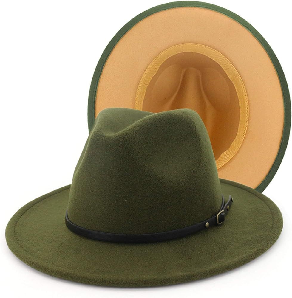 Gossifan Fedora Hats for Women Wide Brim Two Tone Felt Panama Hat with Belt-Buckle | Amazon (US)