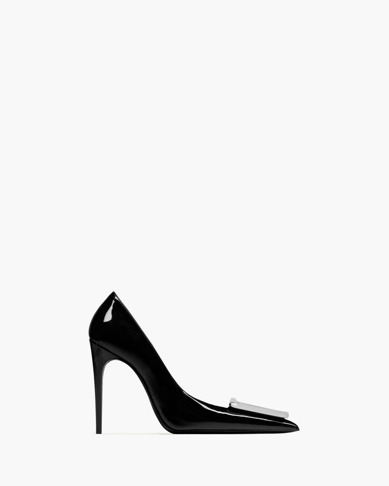 pointed-toe pumps with a square-cut vamp and stiletto heel, featuring a silver-tone square detail... | Saint Laurent Inc. (Global)