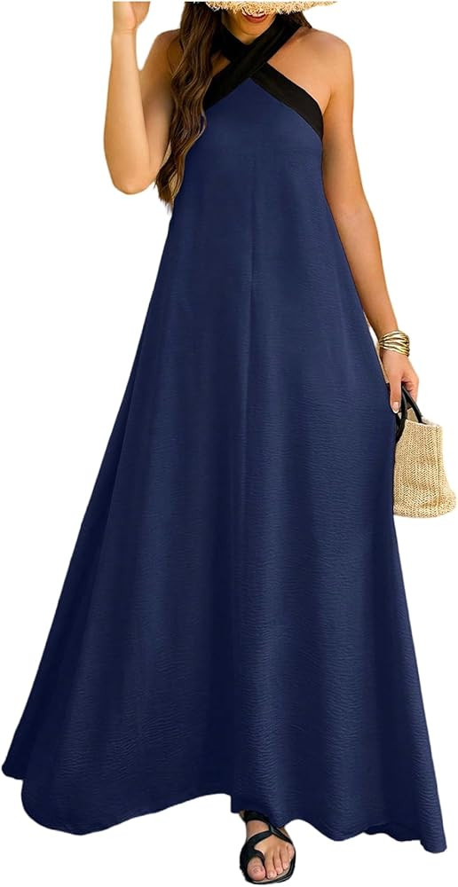 OYOANGLE Women's Color Block Criss Cross Sleeveless Flowy Maxi Dress Beach Vacation Dresses | Amazon (US)