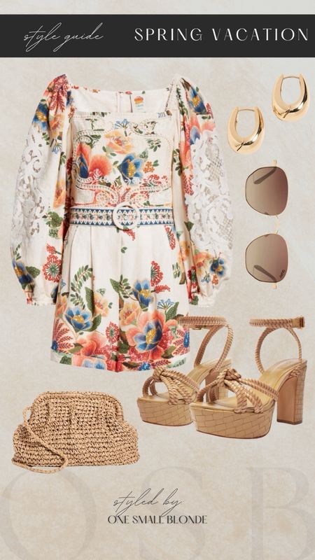 Spring/summer vacation look ☀️ farm rio romper, raffia clutch, gold earrings, quay sunglasses and tan wedges  

#LTKstyletip #LTKSeasonal #LTKtravel