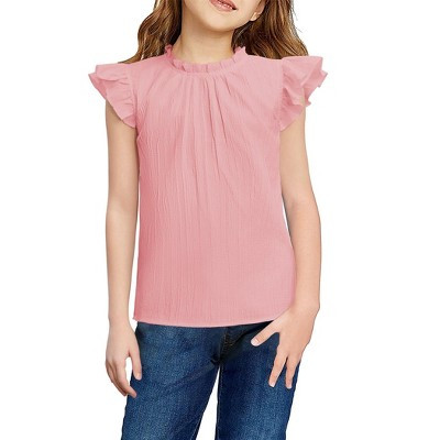 Arshiner Girls Ruffle Short Sleeve Shirts Cute Summer Frill Neck Pleated Textured Blouse Tops Light Pink 7-8 Years | Target