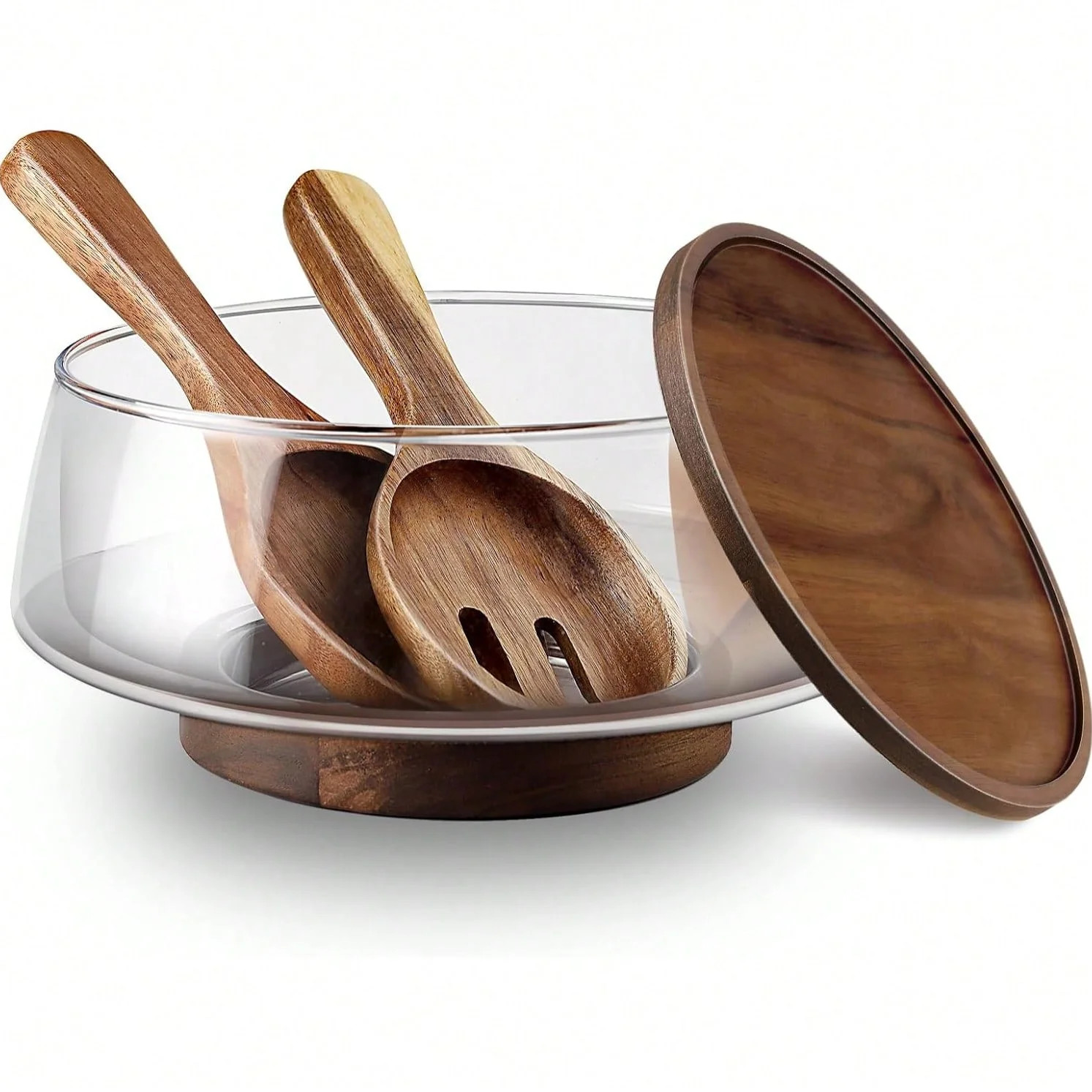 Large Glass Salad Bowls Set with Acacia Wood Base and Lid and Salad Serving Utensils, Lid Reversible as Charcuterie Board, Elegant and Practical Salad | Wayfair North America