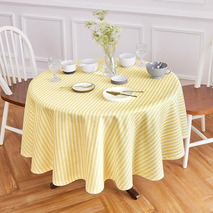 Solino Home Linen 60 Inch Round Tablecloth - Amalfi Stripe, 100% Pure Linen Primrose Yellow and W... | Amazon (US)