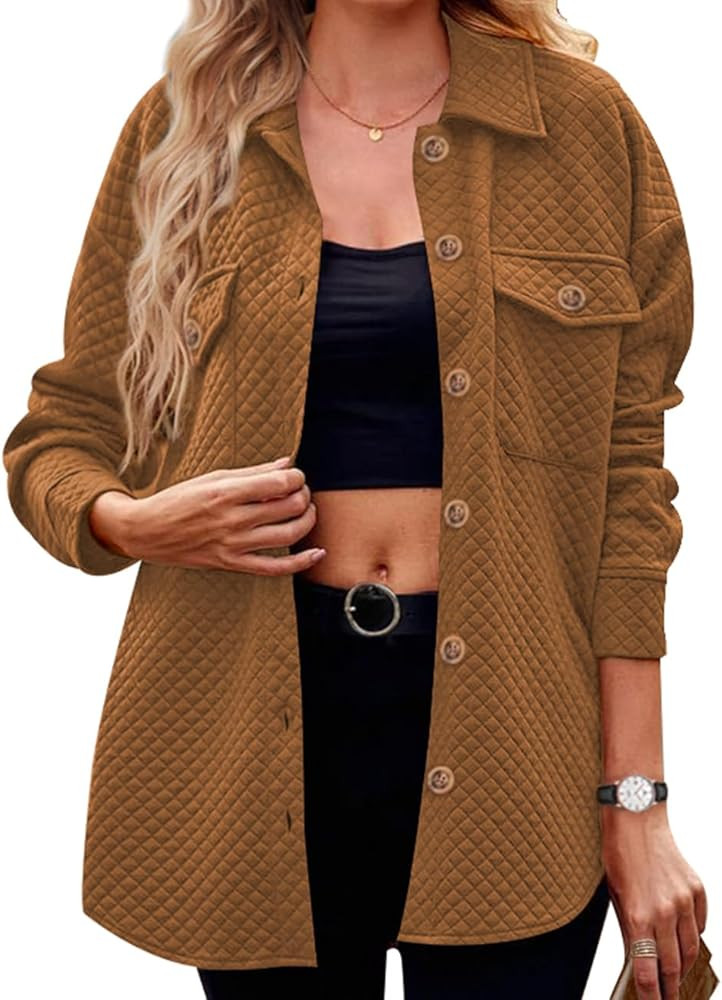HOTOUCH Women's Oversized Quilted Shirt Jackets Solid Shacket Casual Long Sleeve Button Down Coat... | Amazon (US)