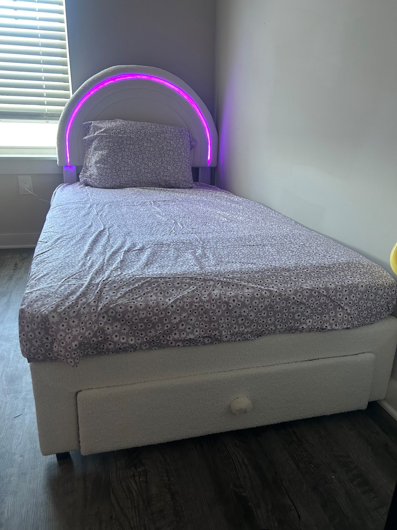 The cutest twin bed with LED lights with the sliding drawer at the bottom  💜 i put this together all by myself and it took a little over an hour. 
this bedding - fitted sheet, sheet, pillow case was all only $10!! 